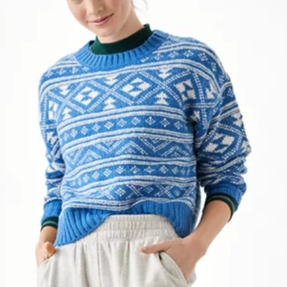 American Eagle Fair Isle Snowdrift Sweater Size XS Blue White Relaxed Boxy - Picture 1 of 8